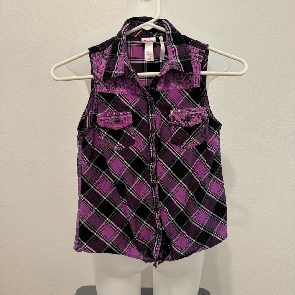 Justice Girls Button down collared tank top blouse size XL 14